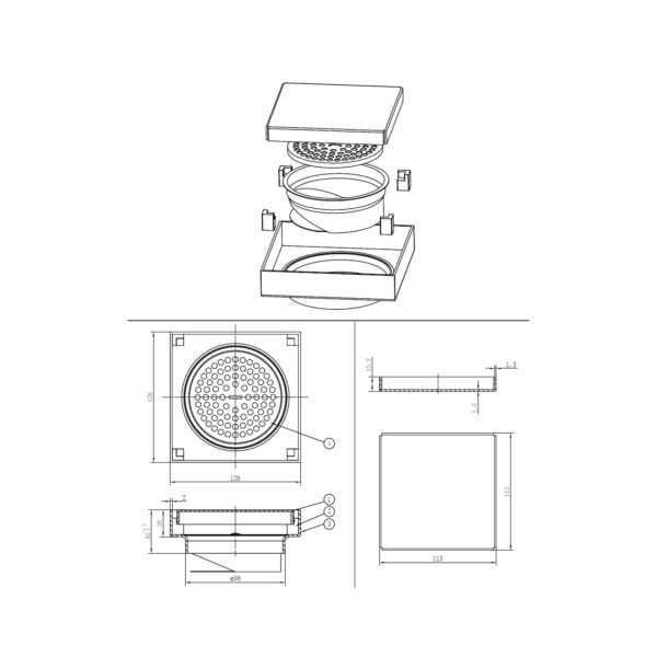 ΣΙΦΩΝΙ ΔΑΠΕΔΟΥ 126x126x1.5mm [AQUADRAIN-08]